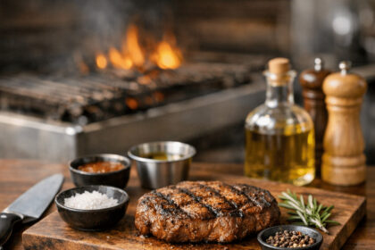 Grilled steak seasoned on a wooden board with barbecue grill in the background