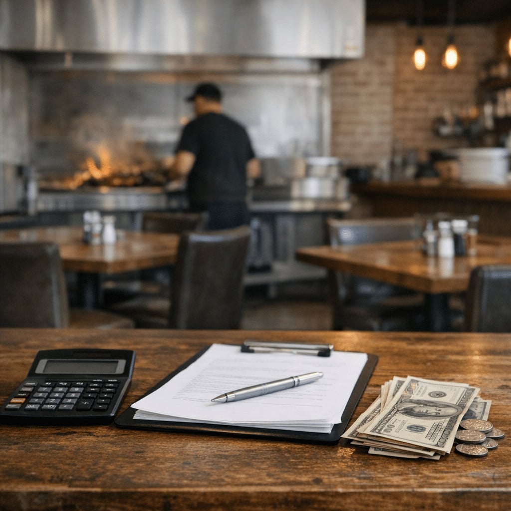 Calculator, clipboard, pen, and cash on wooden table representing steakhouse opening costs and financial planning.