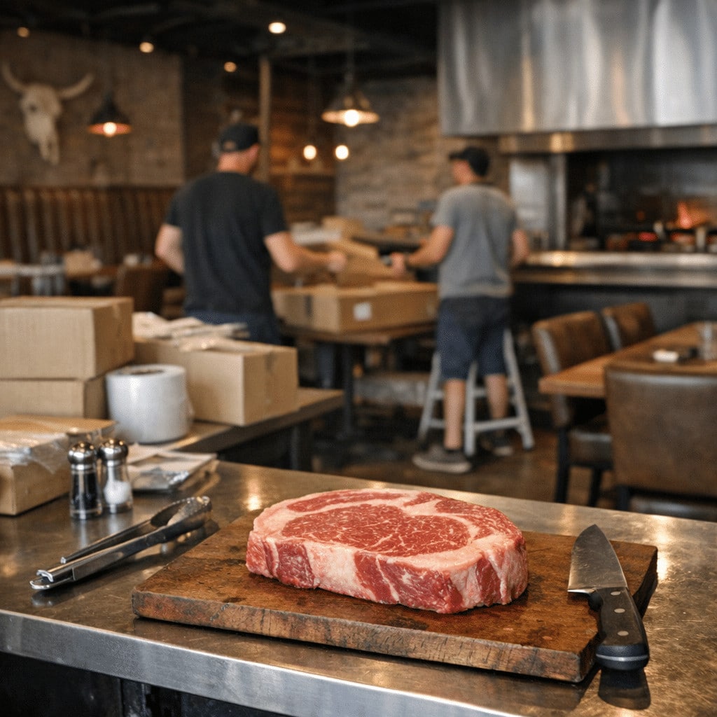 Raw steak on a cutting board in a rustic kitchen with chefs working, illustrating steakhouse a&ccedil;ma maliyeti.