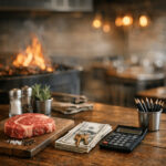 Raw steak, cash, keys, and calculator on a wooden table symbolizing steakhouse açma maliyeti 2026.
