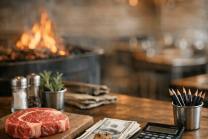 Raw steak, cash, keys, and calculator on a wooden table symbolizing steakhouse açma maliyeti 2026.