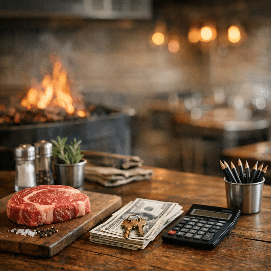 Raw steak, cash, keys, and calculator on a wooden table symbolizing steakhouse açma maliyeti 2026.