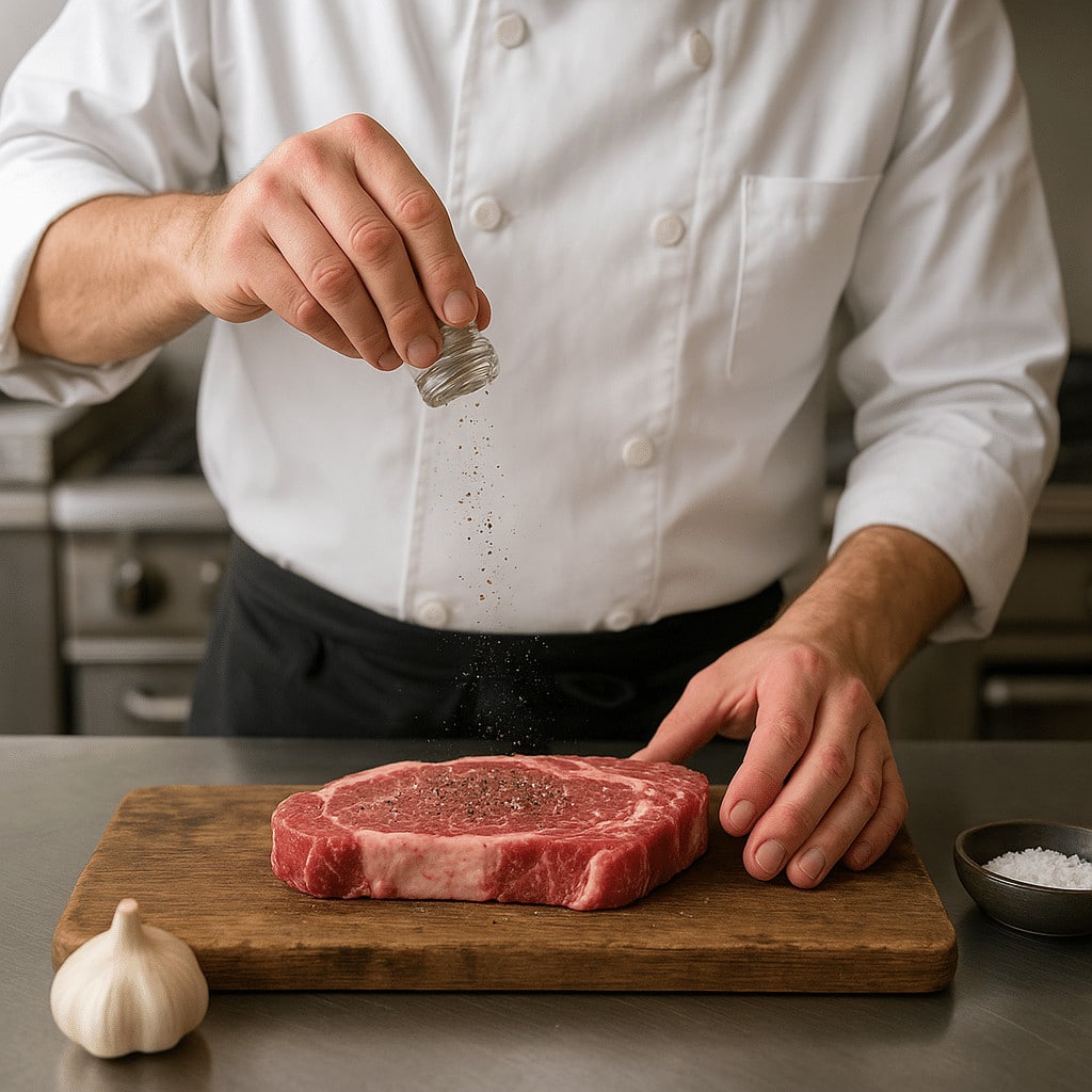 Chef seasoning a raw steak with salt and pepper on a wooden cutting board in a steakhouse kitchen.