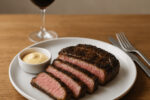 Medium-rare sliced steak with creamy sauce, served alongside a glass of red wine on a wooden table.