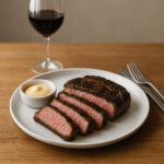 Medium-rare sliced steak with creamy sauce, served alongside a glass of red wine on a wooden table.