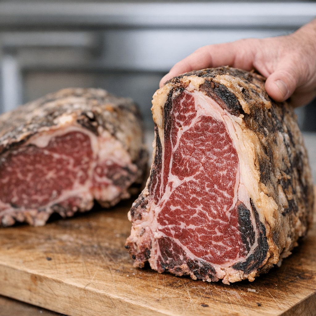 Close-up of a hand holding a marbled raw beef steak on a wooden cutting board, illustrating fresh versus aged meat.