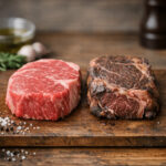 Raw and cooked ribeye steak on wooden board, seasoned, comparing fresh and aged meat flavors.
