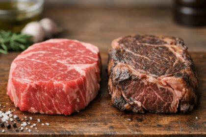 Raw and cooked ribeye steak on wooden board, seasoned, comparing fresh and aged meat flavors.