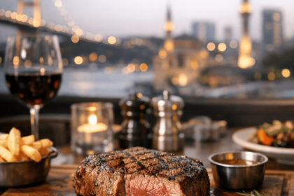 Juicy grilled steak with fries and wine glass overlooking a Turkish city skyline at sunset.