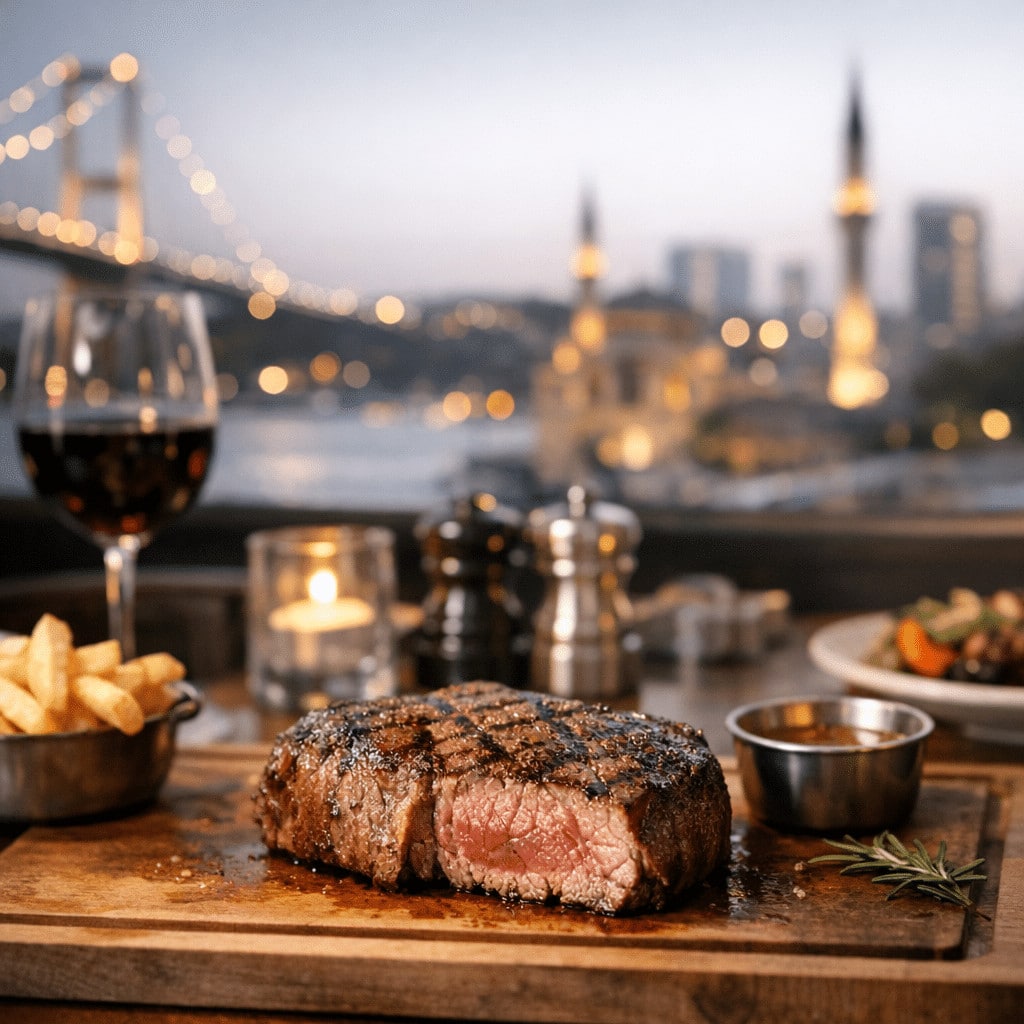 Juicy grilled steak with fries and wine glass overlooking a Turkish city skyline at sunset.