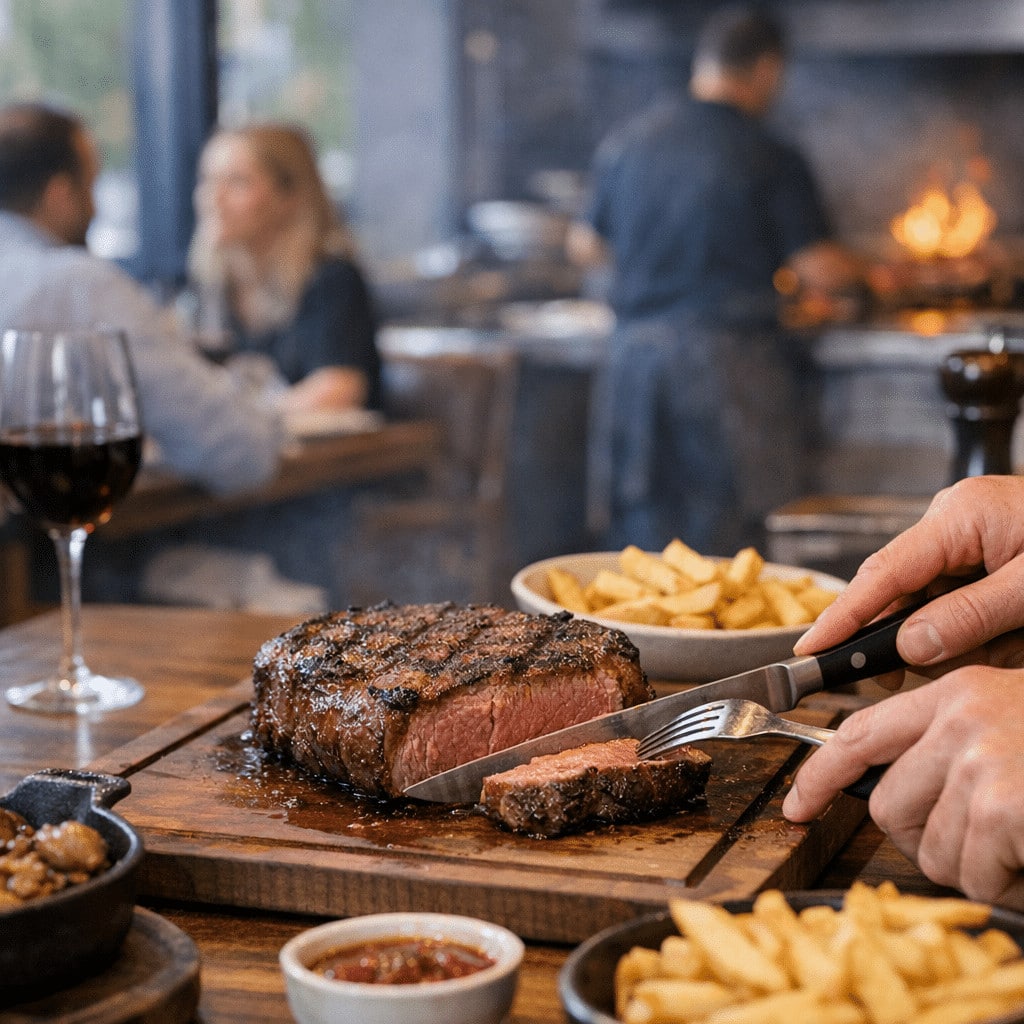 Juicy grilled steak sliced on a wooden board with fries and wine in a cozy steakhouse restaurant setting.