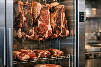 Dry-aged beef steaks hanging inside a stainless steel meat aging refrigerator with glass door.