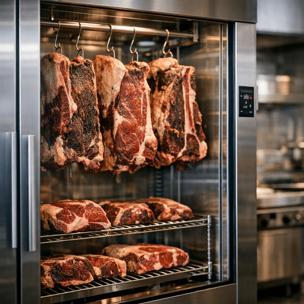 Dry-aged beef steaks hanging inside a stainless steel meat aging refrigerator with glass door.