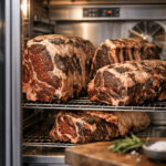 Several beef steaks on racks inside a professional dry aging refrigerator with glass door and digital controls.