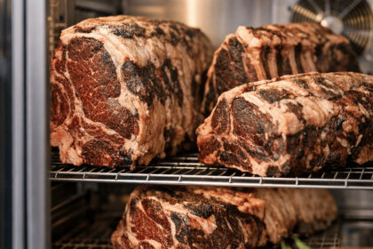 Several beef steaks on racks inside a professional dry aging refrigerator with glass door and digital controls.