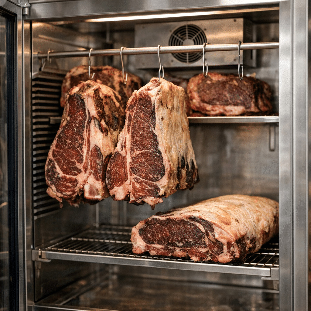 Large beef steaks hanging on racks inside a dry aged dolabı, showcasing the meat aging process in a refrigerator.