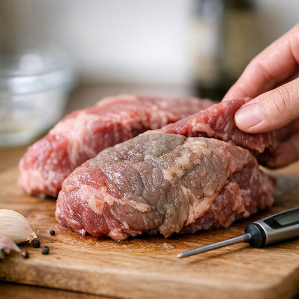 Close-up of raw beef on a wooden cutting board with spices and a meat thermometer inserted.