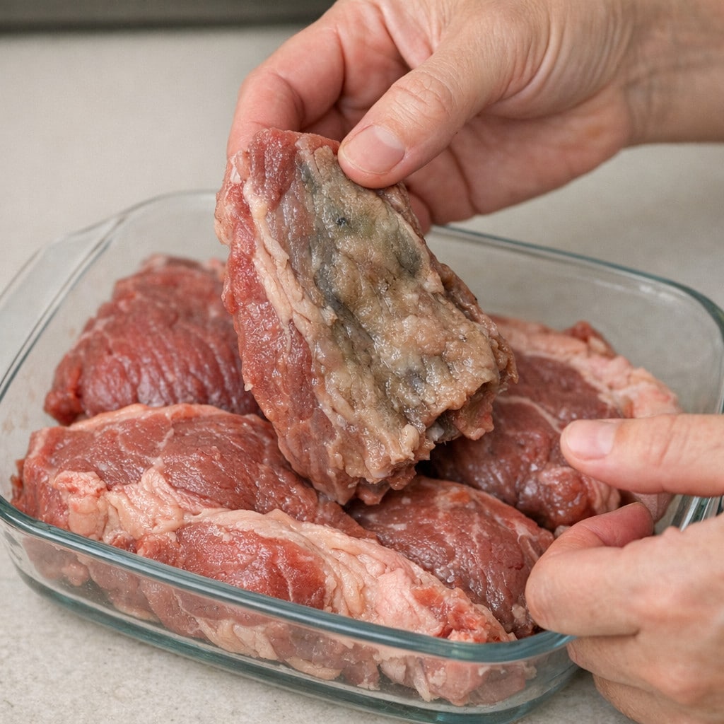 Close-up of raw meat with visible mold being lifted from a glass container.