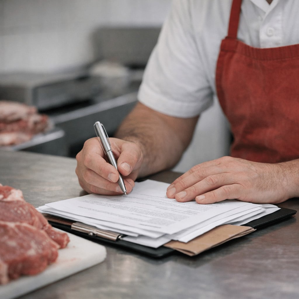 Kasap &ouml;nl&uuml;ğ&uuml; giyen bir kişi, paslanmaz tezgahta etlerle birlikte bir evrak tahtasına not alıyor.