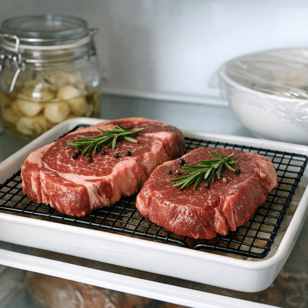 İki &ccedil;iğ, baharatlı biftek biberiye ile birlikte bir soğutma teli &uuml;zerinde buzdolabında dinleniyor.