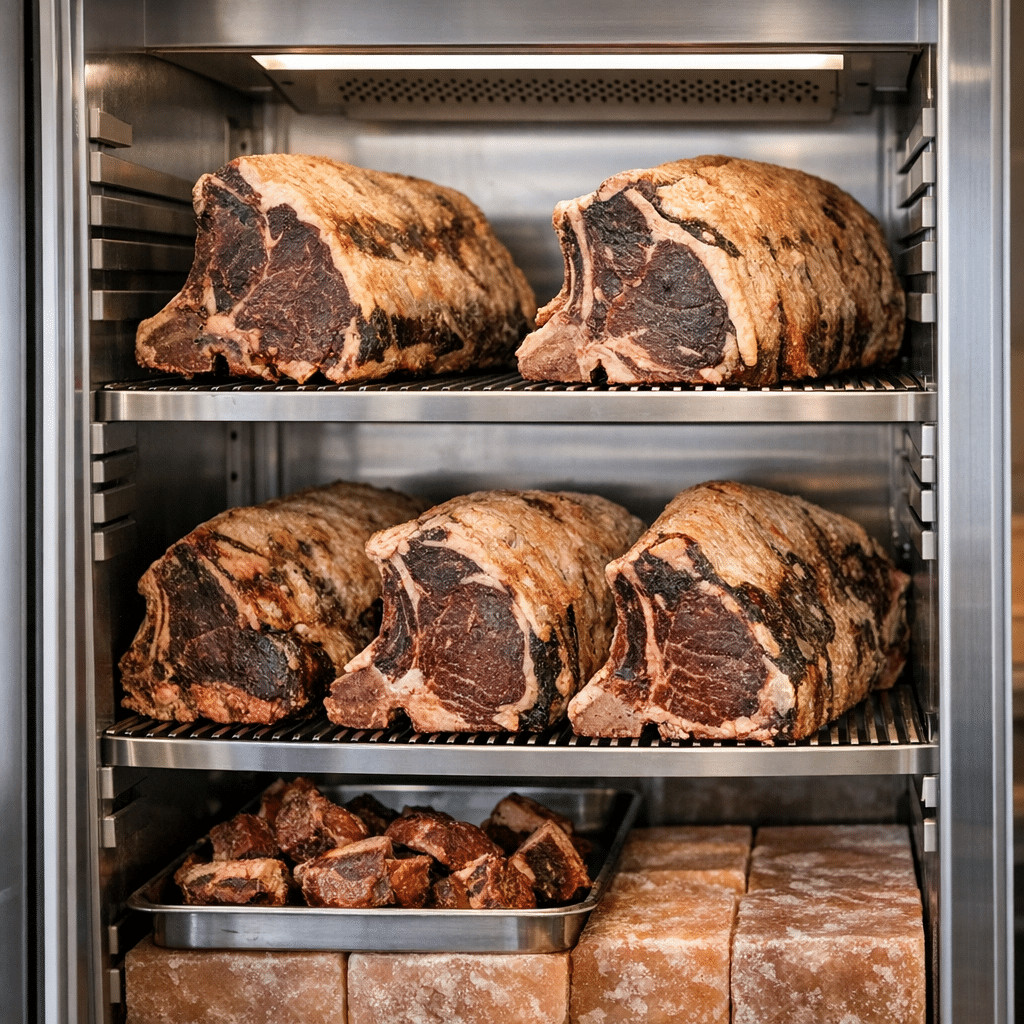 Dry-aged beef cuts on metal racks inside a glass-fronted refrigerated dry aged cabinet.