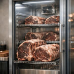 Raw beef cuts on racks inside a glass-fronted dry aged meat cabinet for optimal aging conditions.