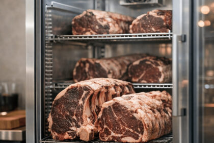Raw beef cuts on racks inside a glass-fronted dry aged meat cabinet for optimal aging conditions.