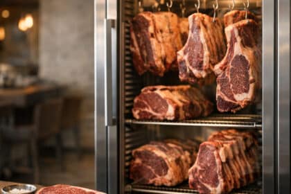 Kapasiteli et dinlendirme dolabında asılı ve dinlenmeye bırakılmış kuru dinlendirilmiş dana etleri.