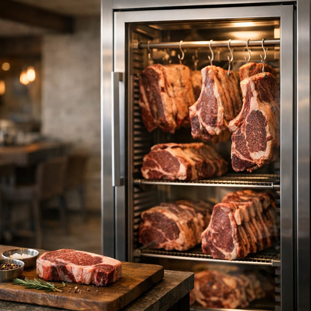 Kapasiteli et dinlendirme dolabında asılı ve dinlenmeye bırakılmış kuru dinlendirilmiş dana etleri.