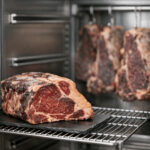 Dry-aged beef steaks on metal racks inside a professional meat curing refrigerator, showcasing the aging process.