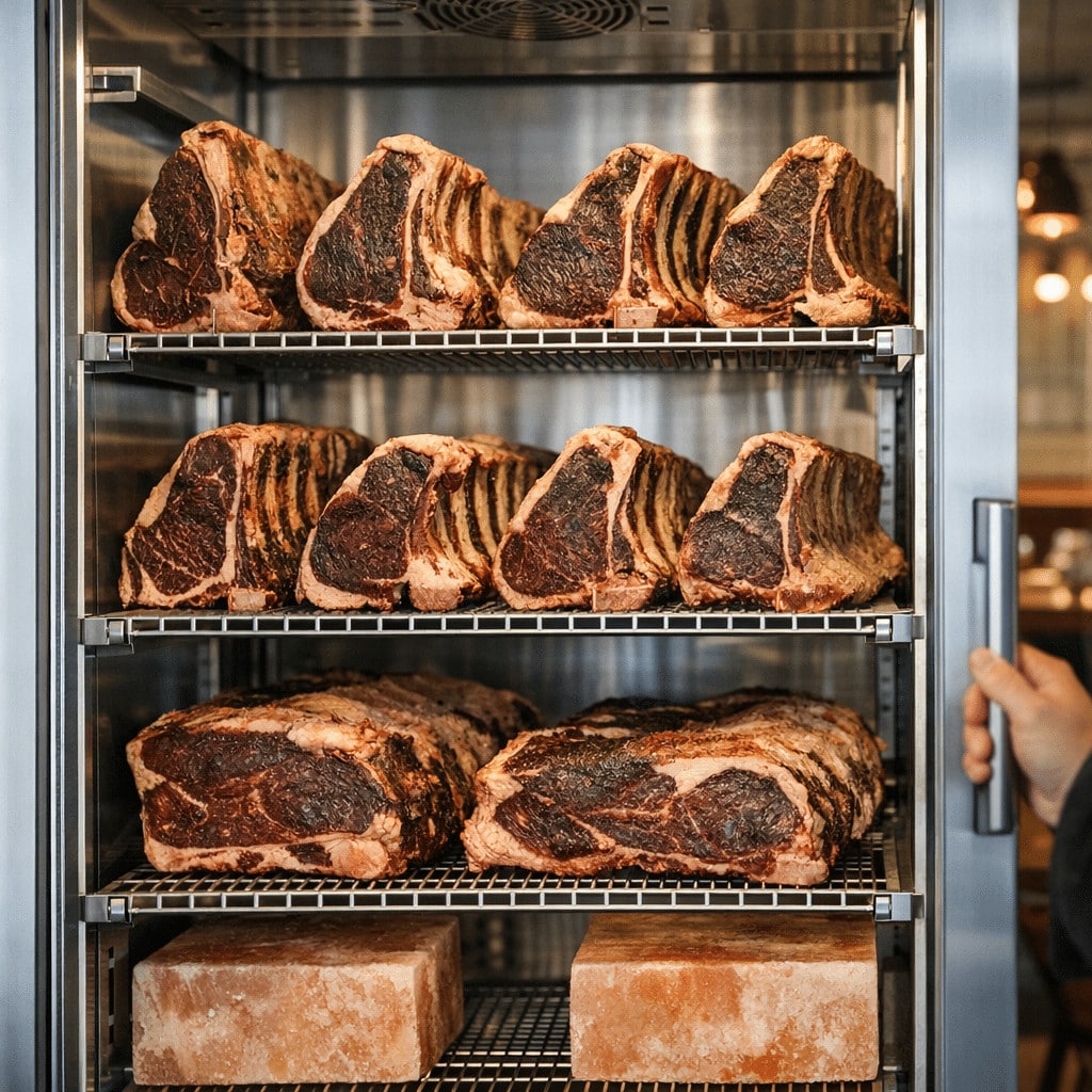 Dry-aged beef steaks arranged on metal racks inside a glass-front refrigerated display case at a steakhouse.