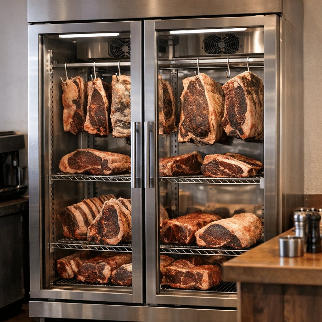 Dry-aged beef steaks hanging inside a stainless steel meat aging refrigerator in a steakhouse setting.