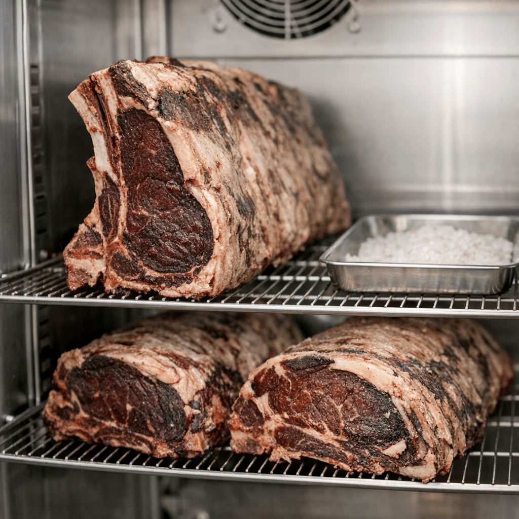 Several dry-aged beef steaks on metal racks inside a stainless steel dry aged dolabı refrigerator.