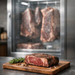 Raw seasoned steak on a wooden board in front of a dry aged dolabı with hanging beef cuts inside.