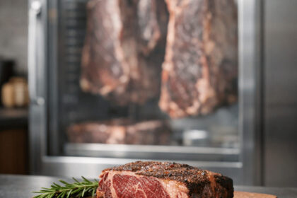Raw seasoned steak on a wooden board in front of a dry aged dolabı with hanging beef cuts inside.
