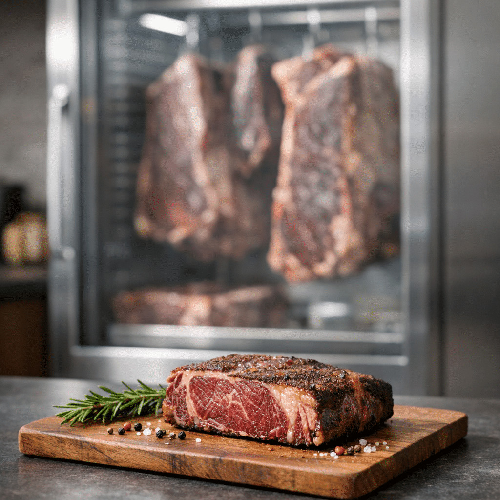 Raw seasoned steak on a wooden board in front of a dry aged dolabı with hanging beef cuts inside.