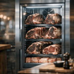 Large cuts of beef aging on racks in a glass-front dry aged refrigerator at a steakhouse.