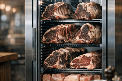 Large cuts of beef aging on racks in a glass-front dry aged refrigerator at a steakhouse.