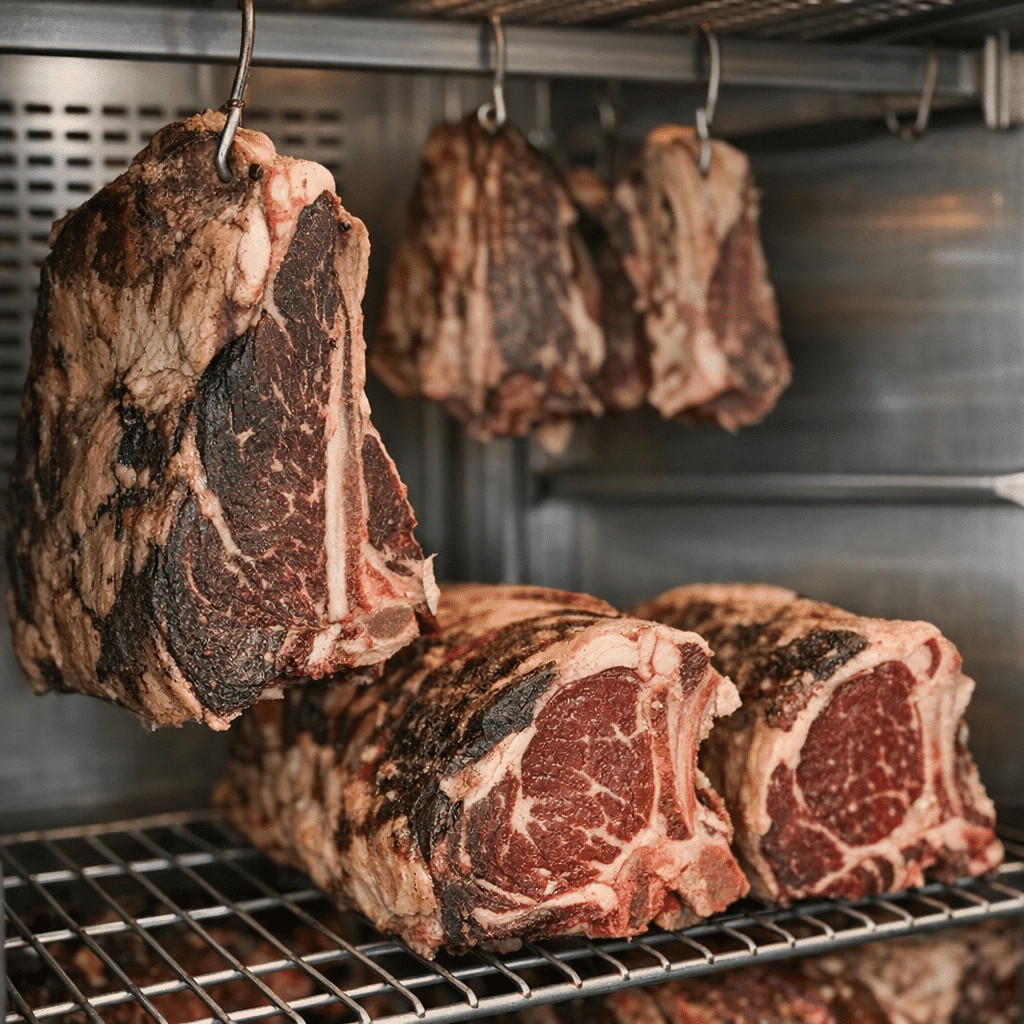 Kırmızı etler, raflarda asılı şekilde et dinlendirme dolabında olgunlaşıyor ve lezzet kazanıyor.