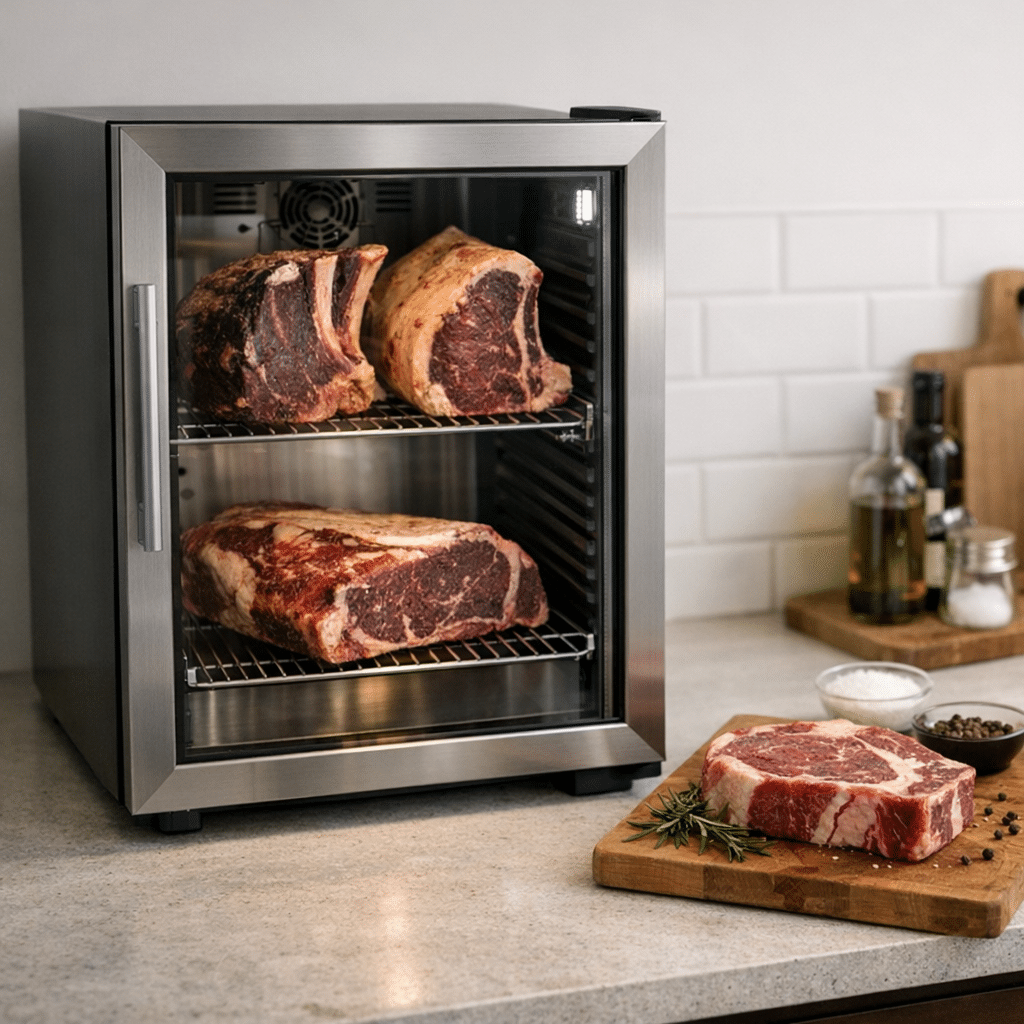 Large cuts of beef dry aging inside a glass-door meat aging fridge in a modern kitchen setting.