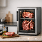 Electric meat aging cabinet with several steaks hanging inside, placed on a modern kitchen countertop.