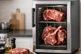 Electric meat aging cabinet with several steaks hanging inside, placed on a modern kitchen countertop.