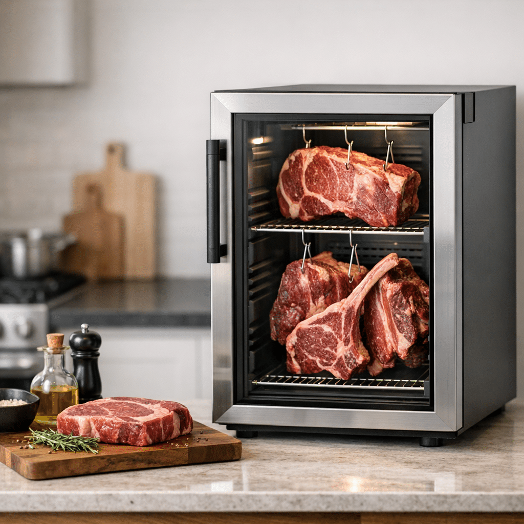 Electric meat aging cabinet with several steaks hanging inside, placed on a modern kitchen countertop.