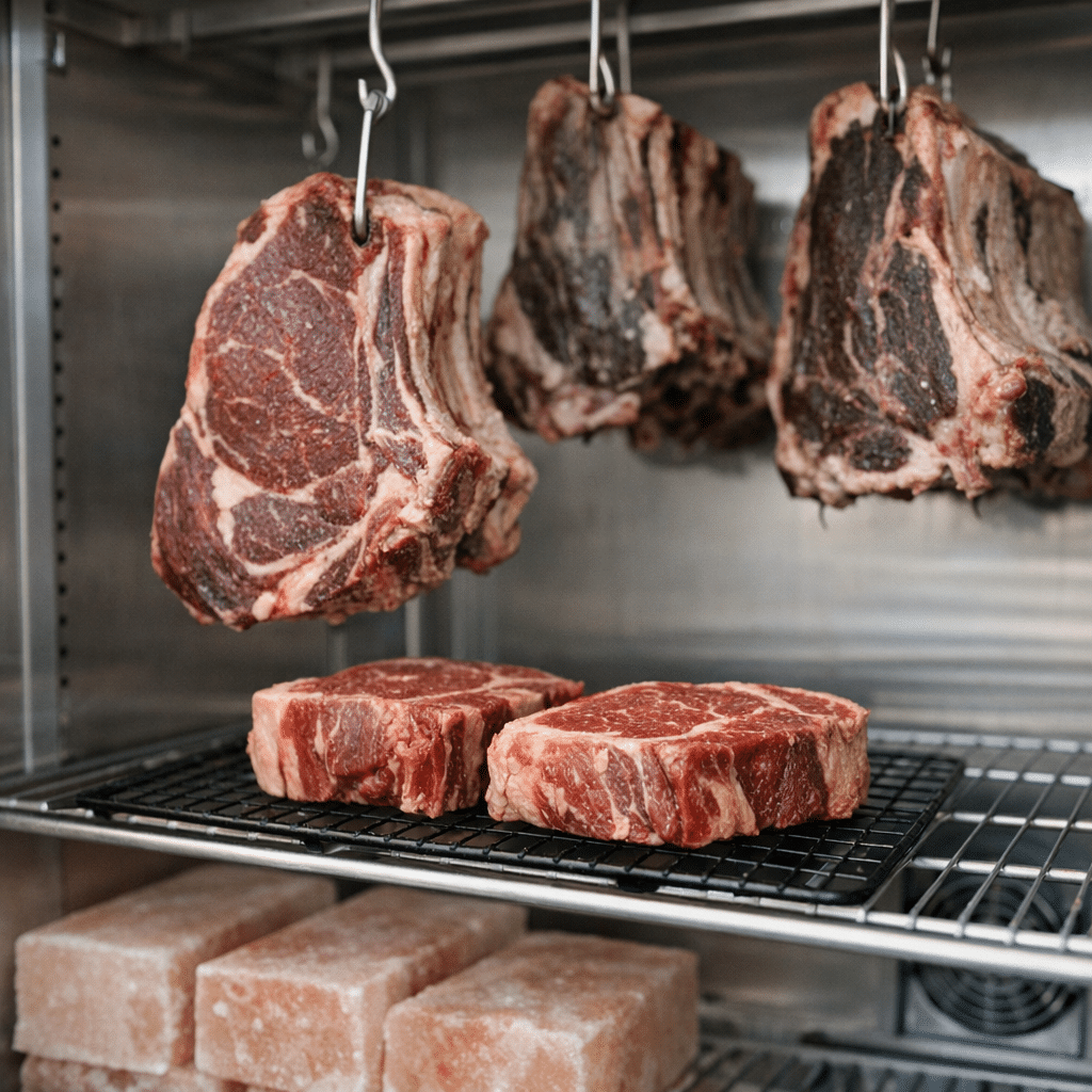 Large beef steaks hanging and resting on metal racks inside a glass-door meat aging refrigerator for dry aging.