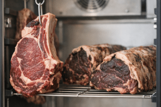 Kırmızı etler ve Himalaya tuz bloklarıyla dolu profesyonel et dinlendirme dolabı iç görünümü.