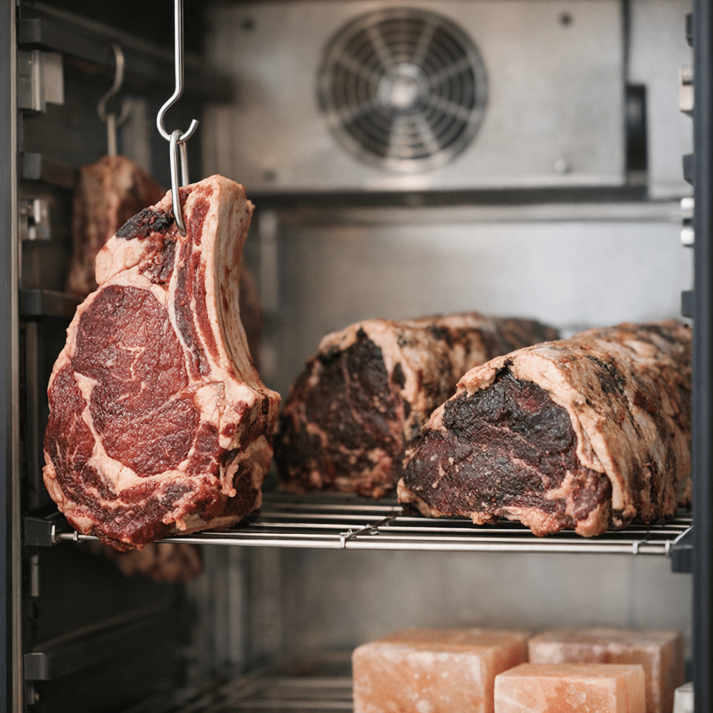 Kırmızı etler ve Himalaya tuz bloklarıyla dolu profesyonel et dinlendirme dolabı iç görünümü.