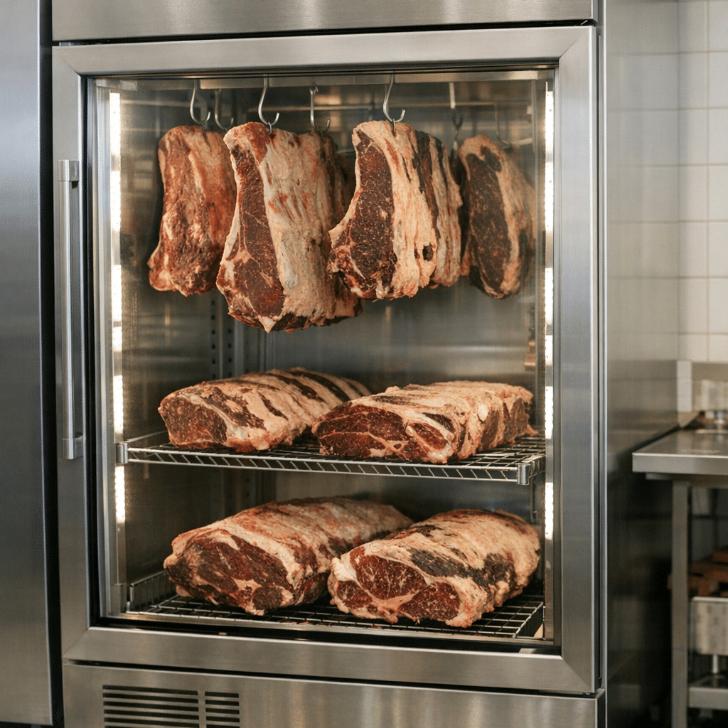 Several large beef cuts hang inside a glass-fronted meat aging refrigerator in a butcher shop.