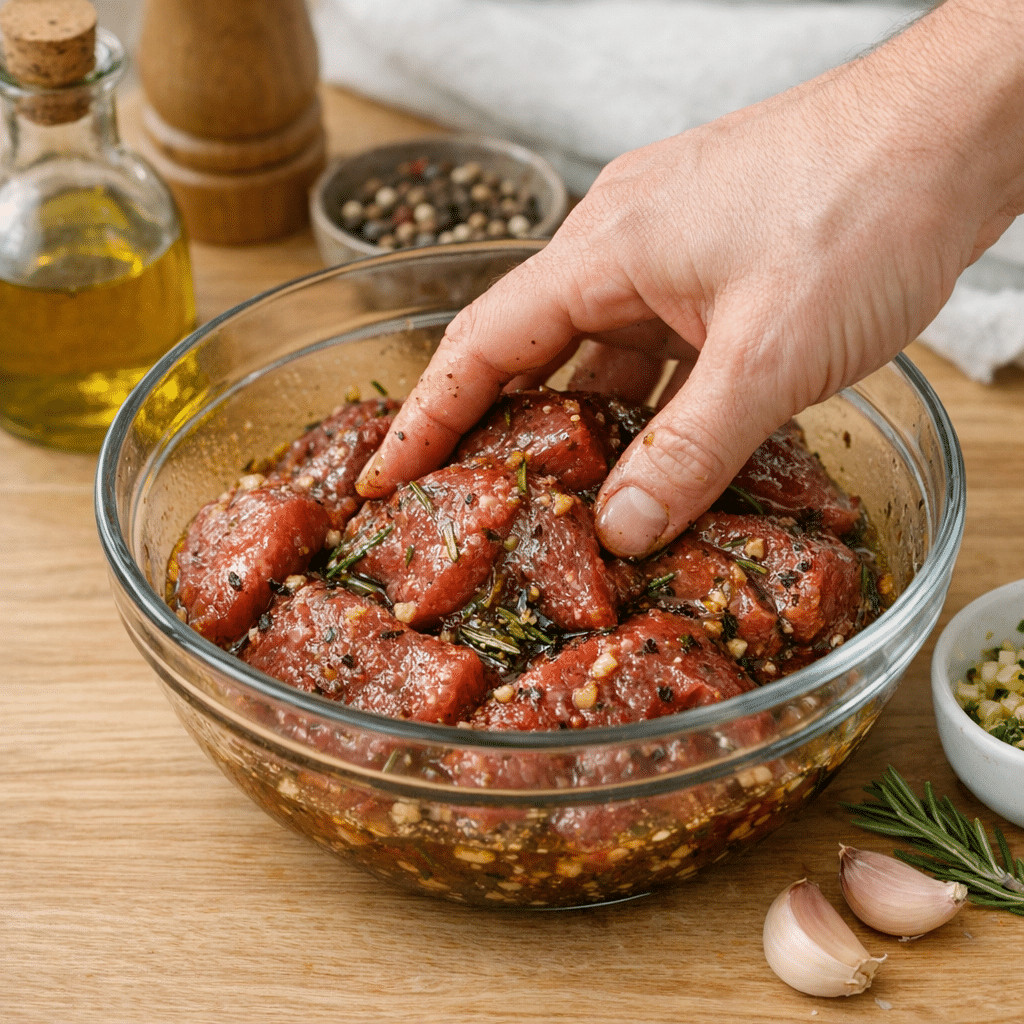 A hand marinates seasoned beef slices with herbs and spices in a glass bowl.
