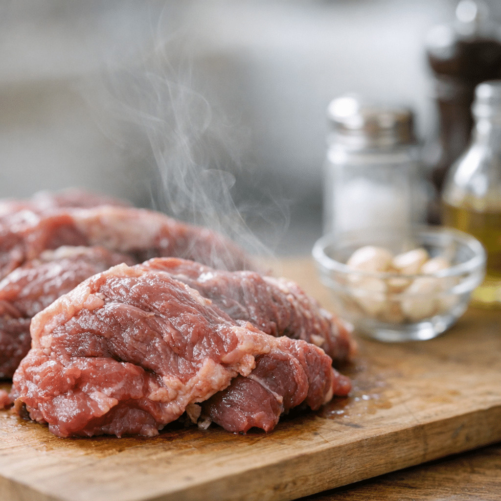 Fresh raw beef steaks on a wooden cutting board with garlic cloves and seasoning in the background.