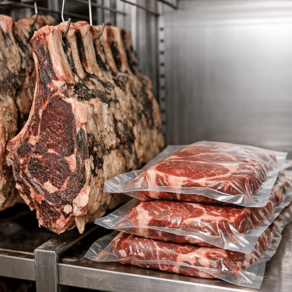 Kuru yaşlandırılmış biftekler asılı ve vakumlu taze et paketleri soğuk bir depoda yan yana duruyor.